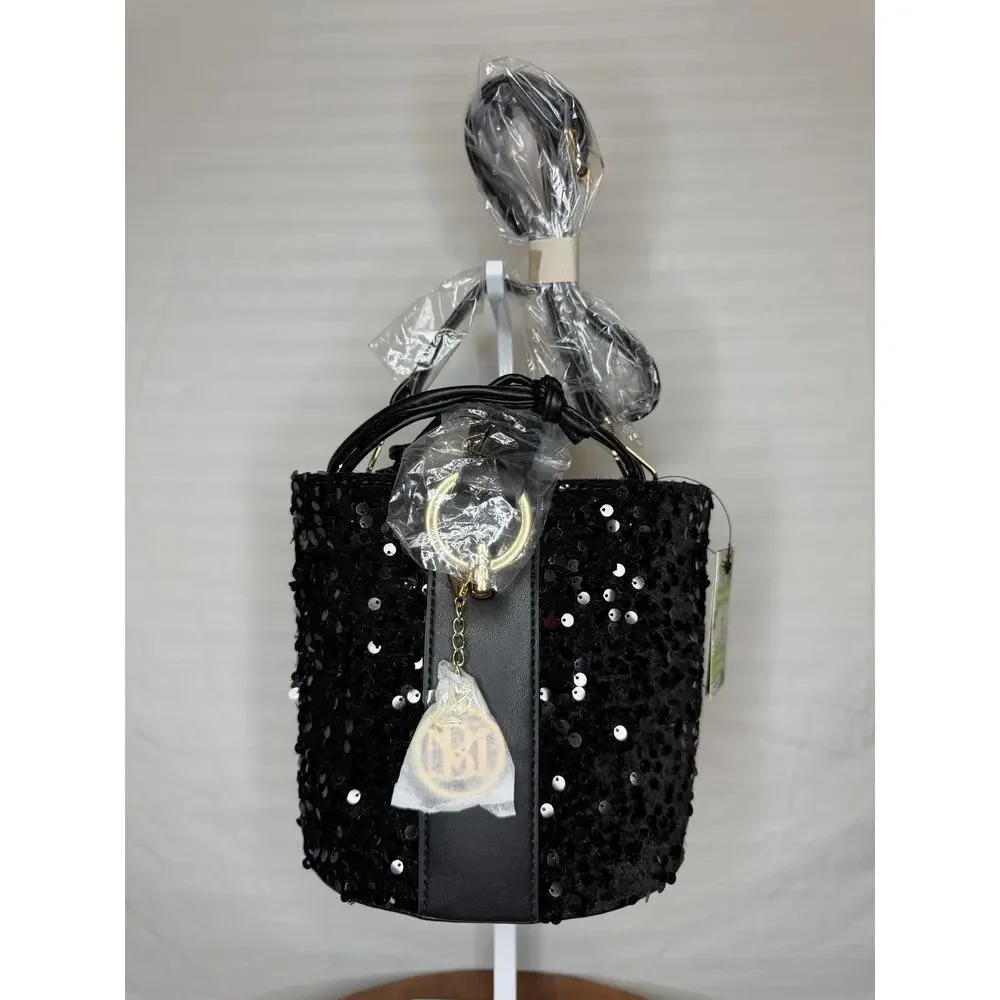 Badgley Mischka Black Sequin Bucket Bag NWT Crossbody MSRP $159